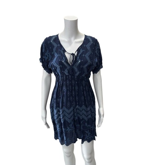Johnny Was Blue Embroidered Eyelet Tie Front Mini Dress Size Medium A-Line - Picture 1 of 7